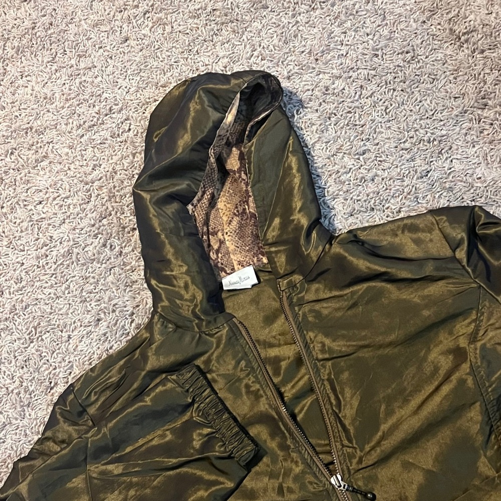 Neiman Marcus Vtg Metallic Olive Brown Hooded Windbreaker Jacket Snakeskin Lined